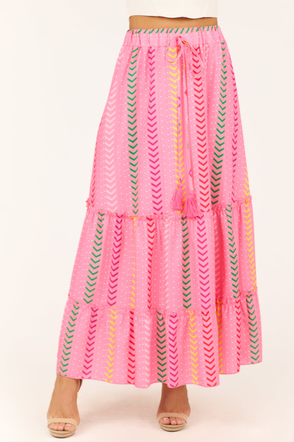 Women's Bubblegum Chevron Print Ruffle Tiered Maxi Skirt