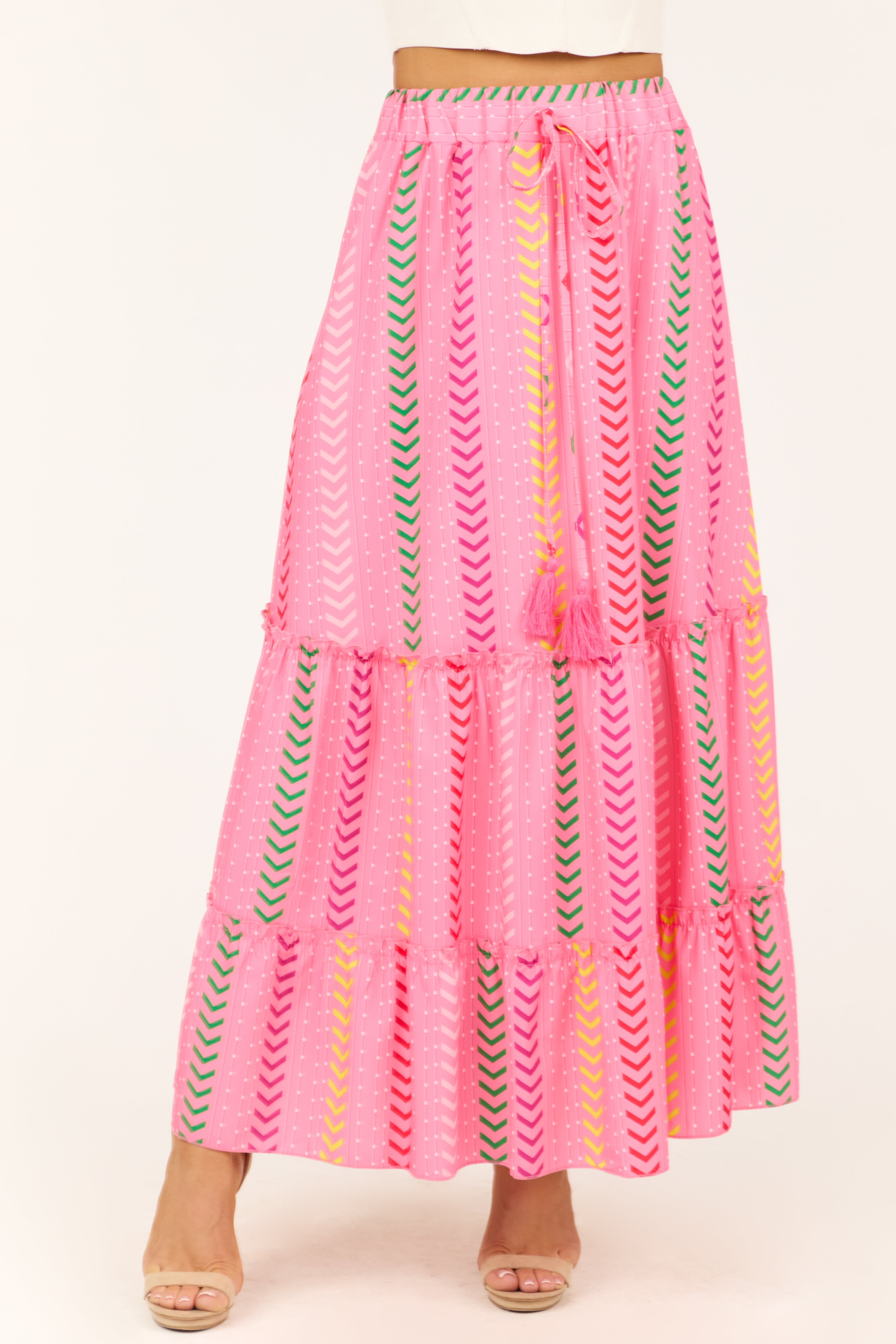Women's Bubblegum Chevron Print Ruffle Tiered Maxi Skirt