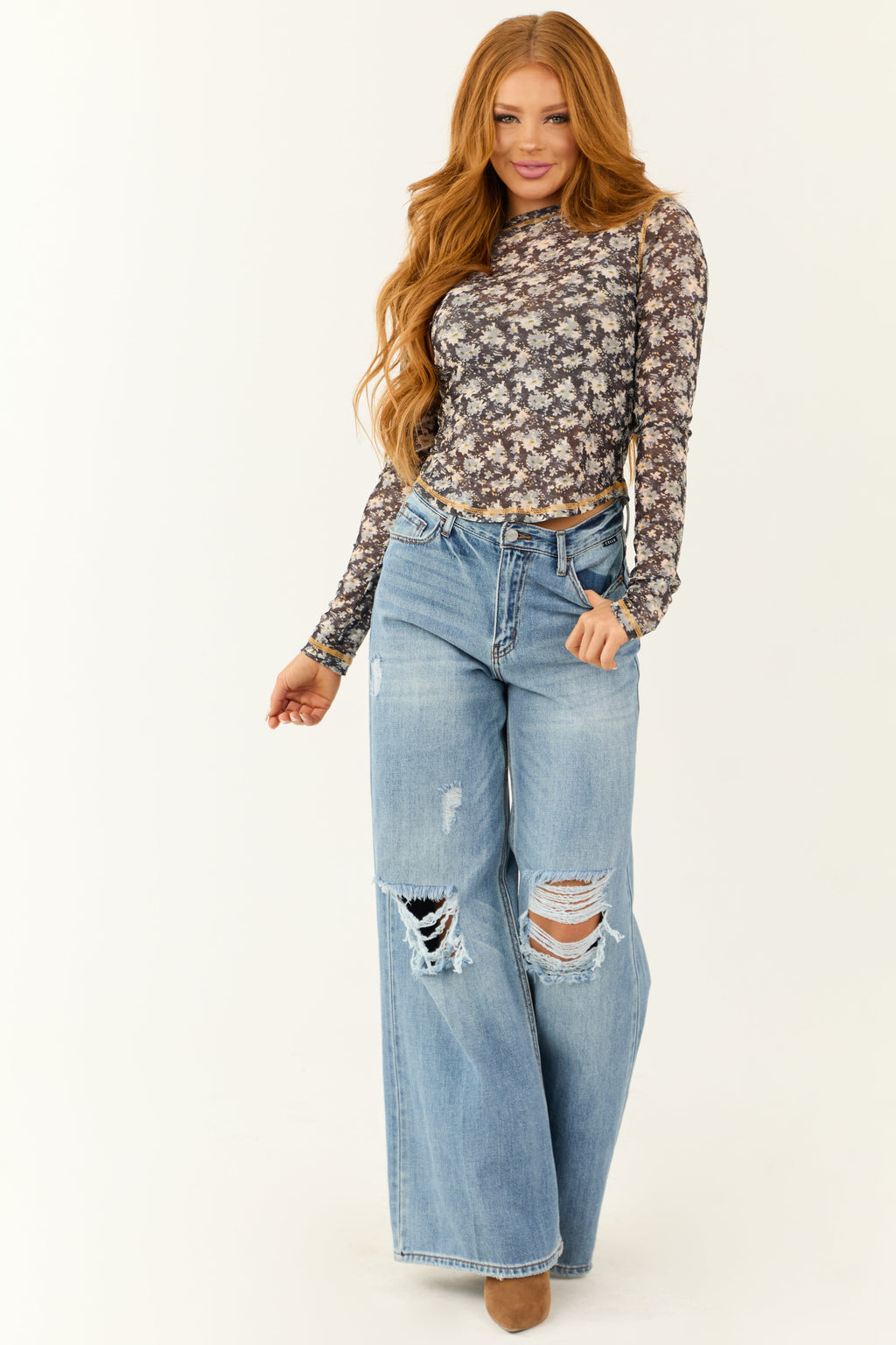 Women's Black Floral Print Long Sleeve Mesh Top