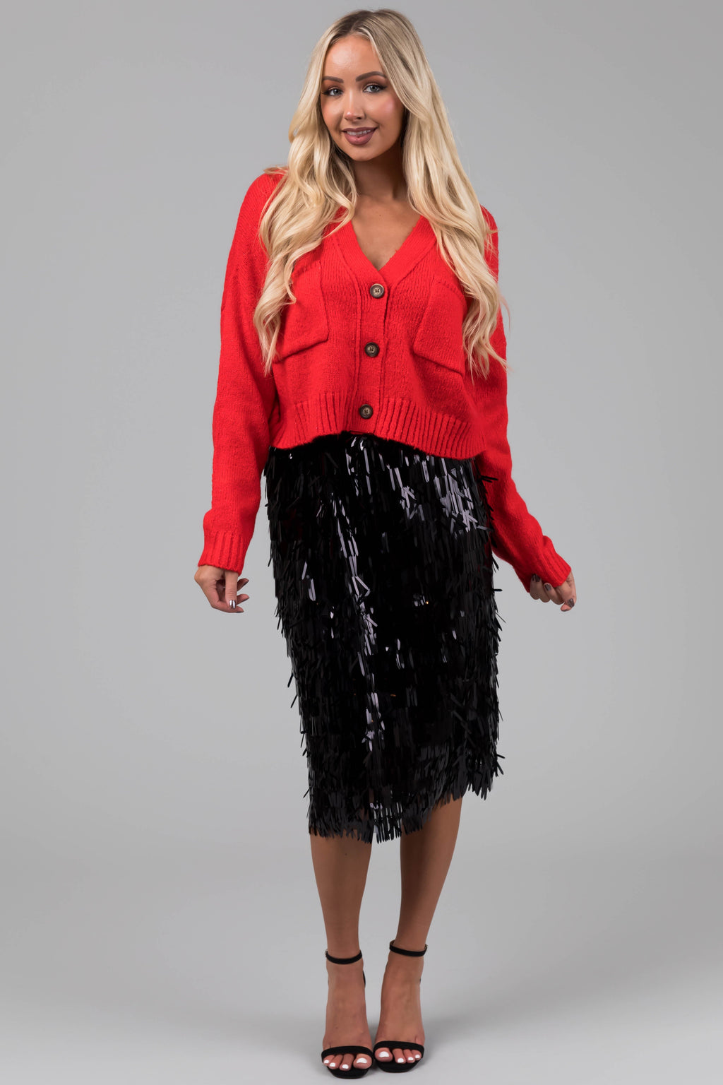 Women's Black Fringe Sequin Elastic Midi Skirt