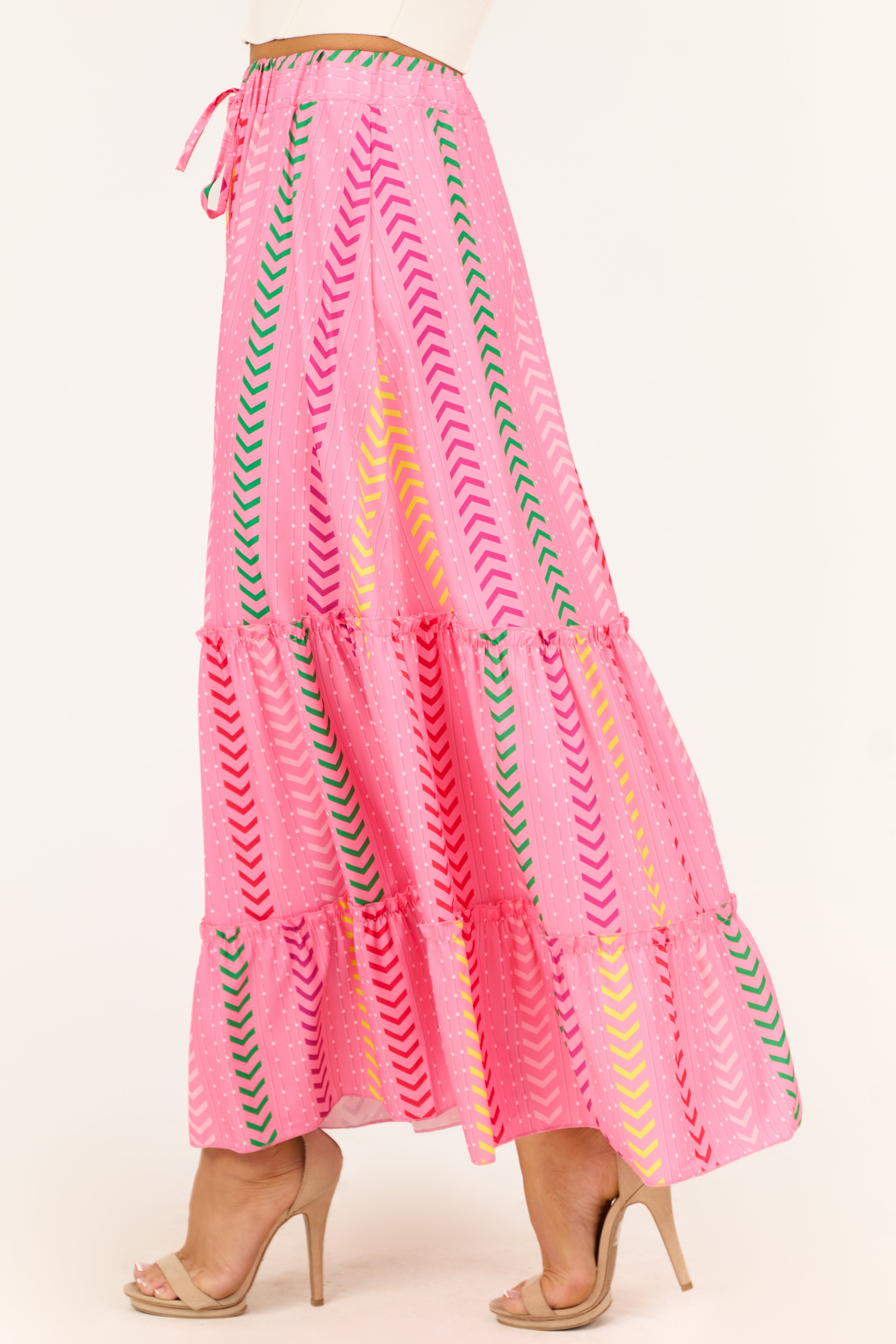 Women's Bubblegum Chevron Print Ruffle Tiered Maxi Skirt