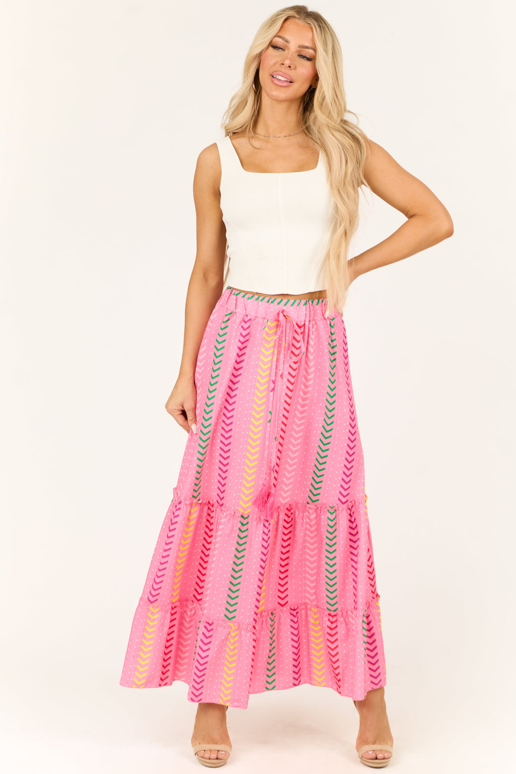 Women's Bubblegum Chevron Print Ruffle Tiered Maxi Skirt