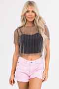 Women's Black Pearl Bead Mesh Top With Tank Top