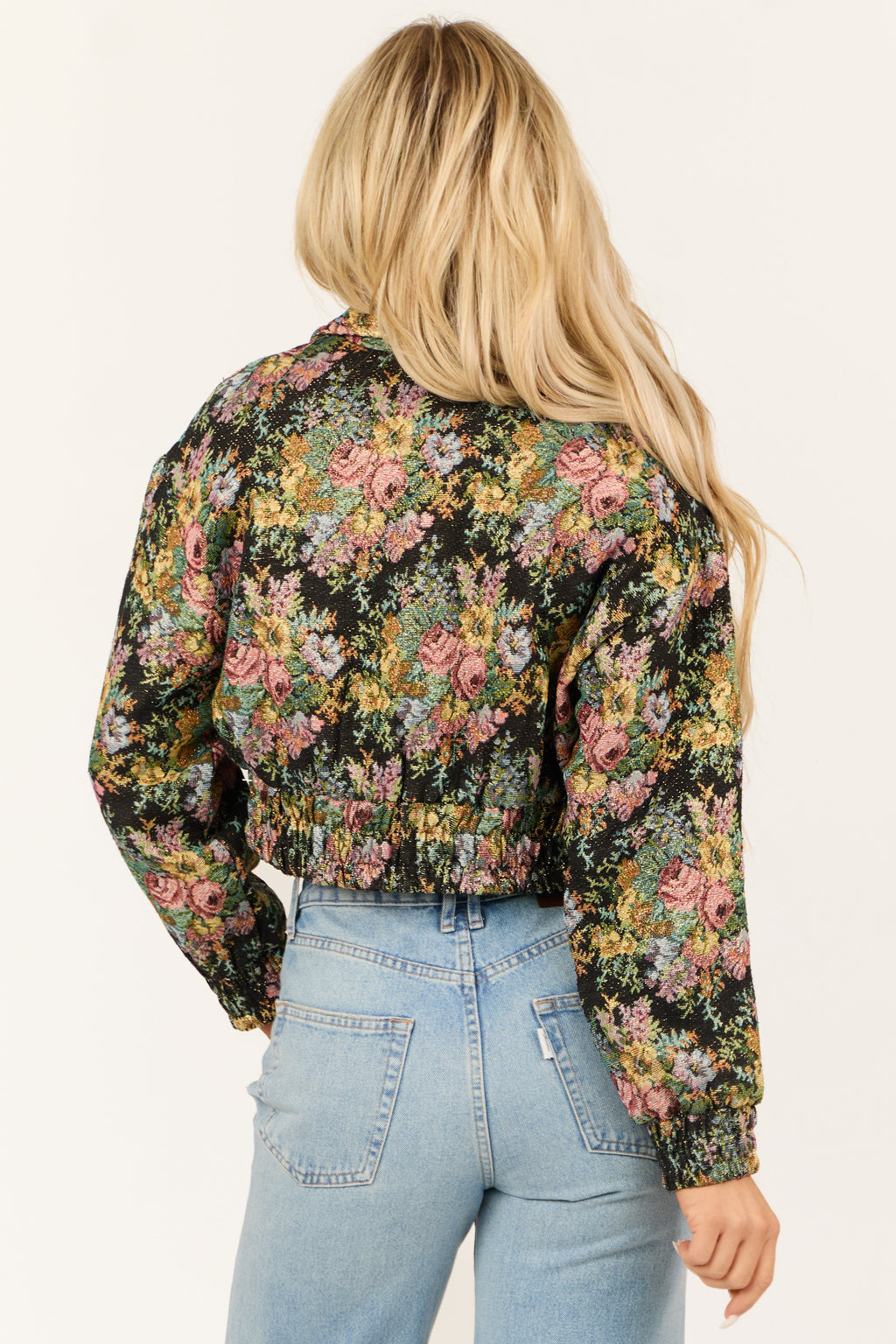 Women's Black Floral Metallic Cropped Bomber Jacket