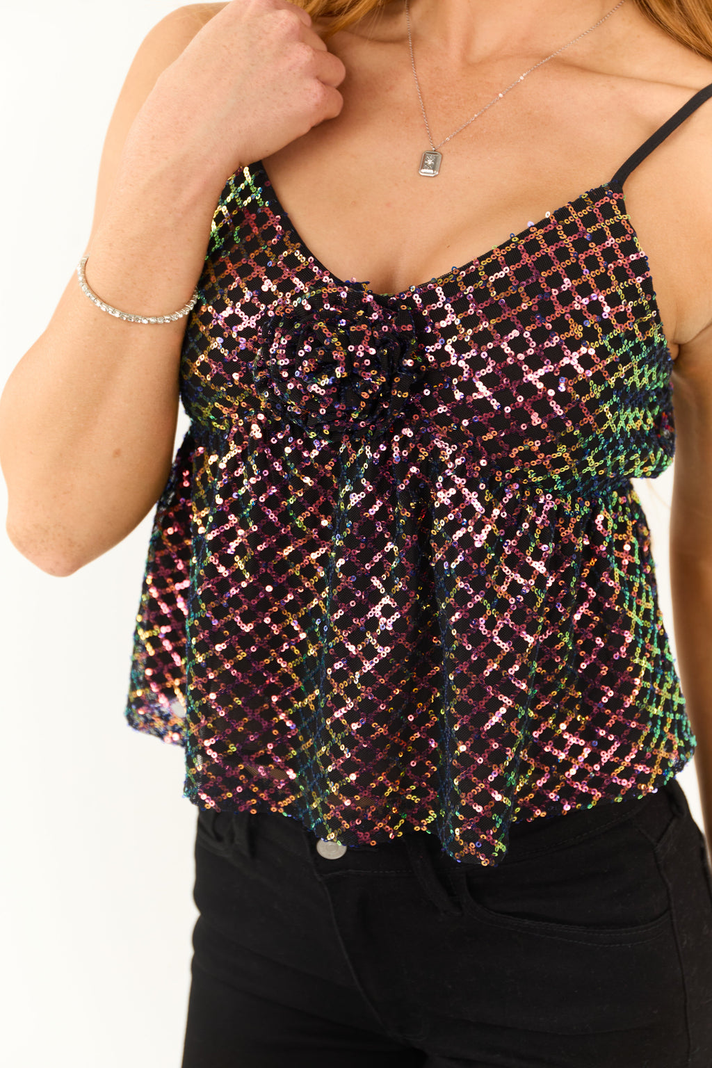 Women's Black Multicolor Sequin Corsage Babydoll Tank Top