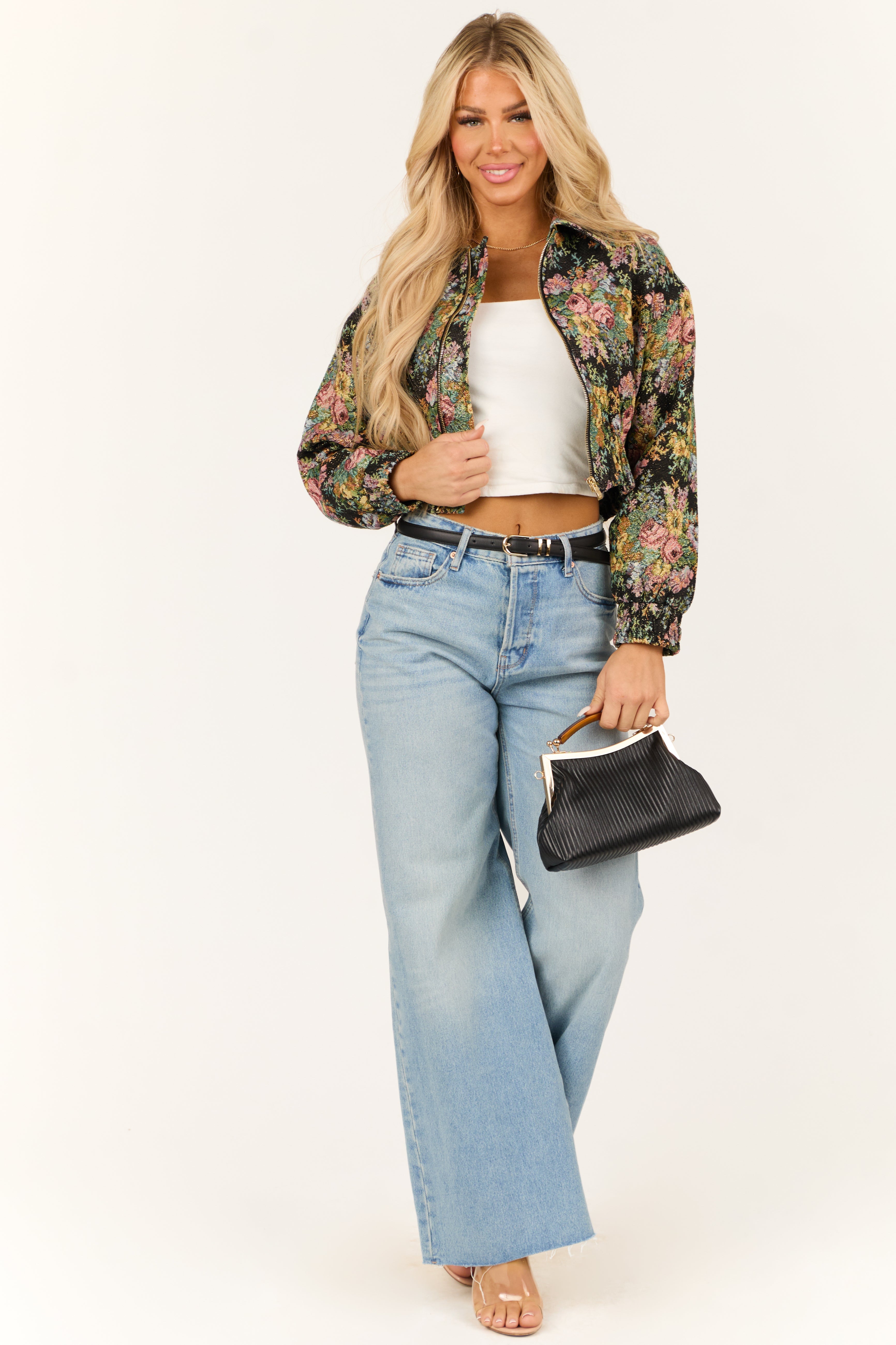 Women's Black Floral Metallic Cropped Bomber Jacket